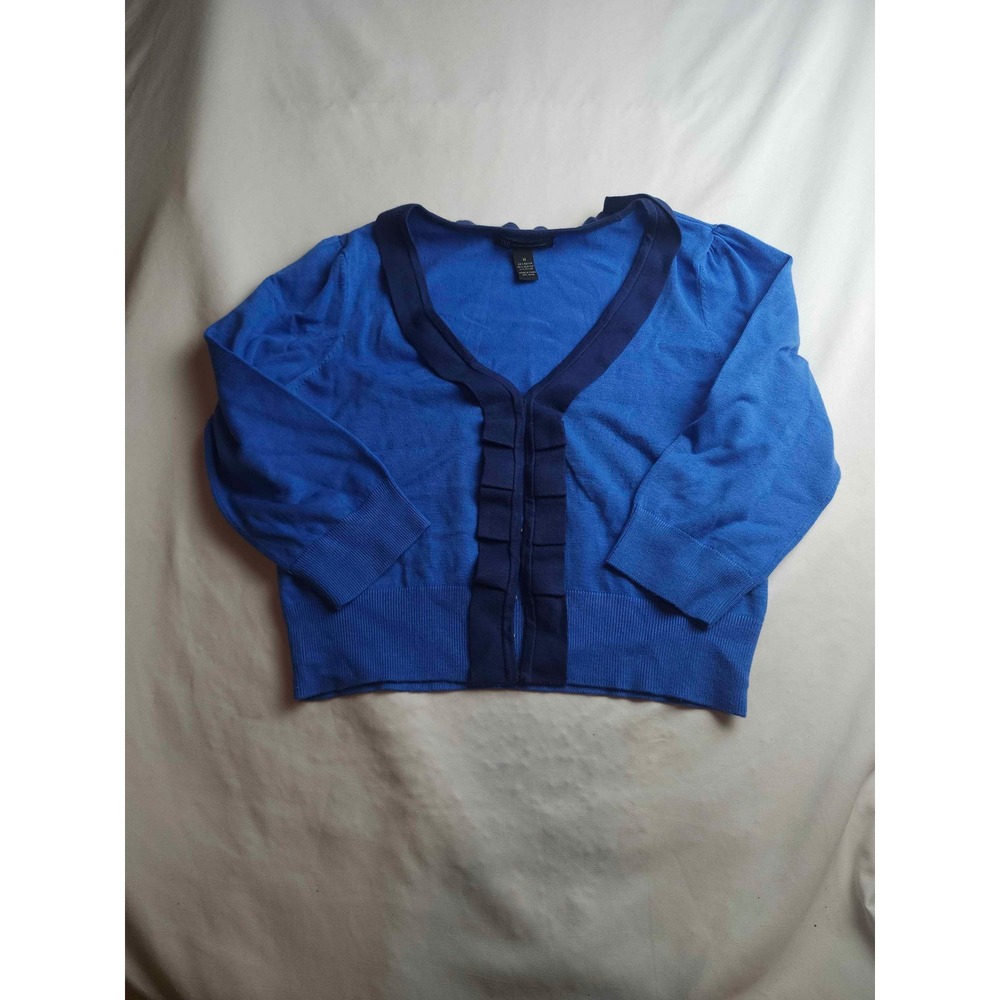 INC International Concepts Blue Ruffle Trim Cropped Cardigan Sweater Womens M